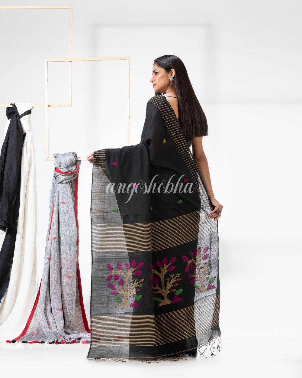 Black Handloom Cotton Blend Jamdani Saree angoshobha