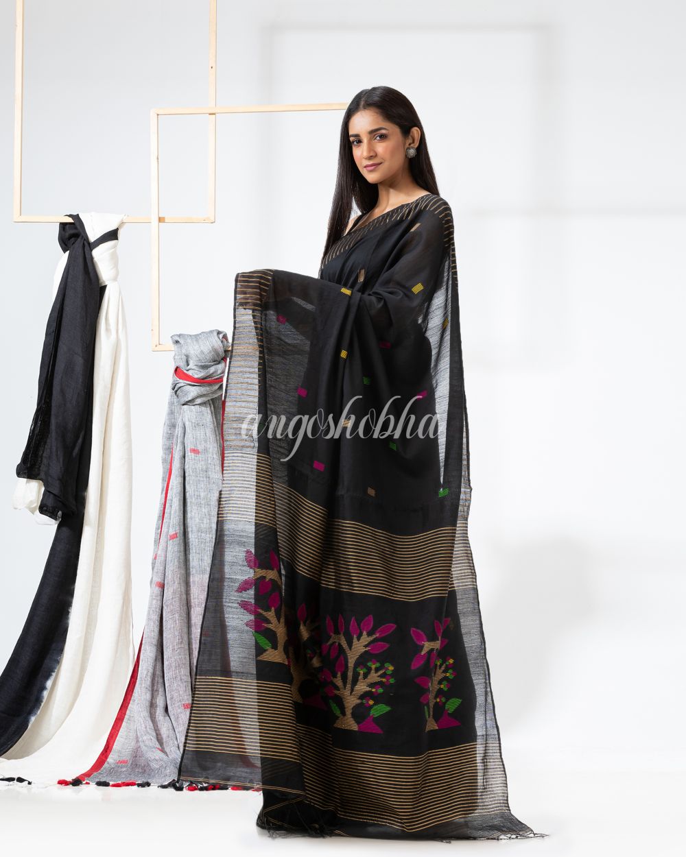 Black Handloom Cotton Blend Jamdani Saree angoshobha