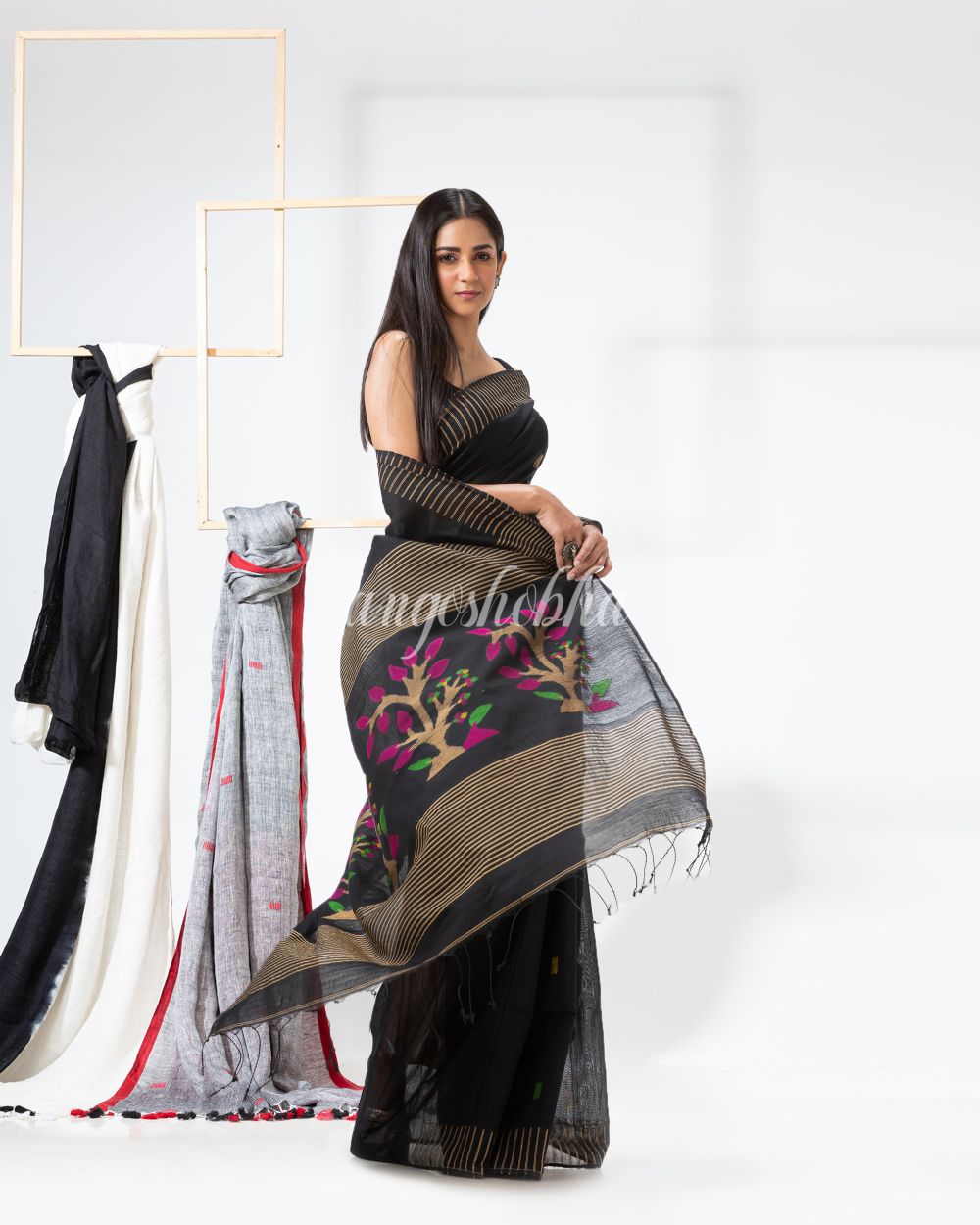 Black Handloom Cotton Blend Jamdani Saree angoshobha