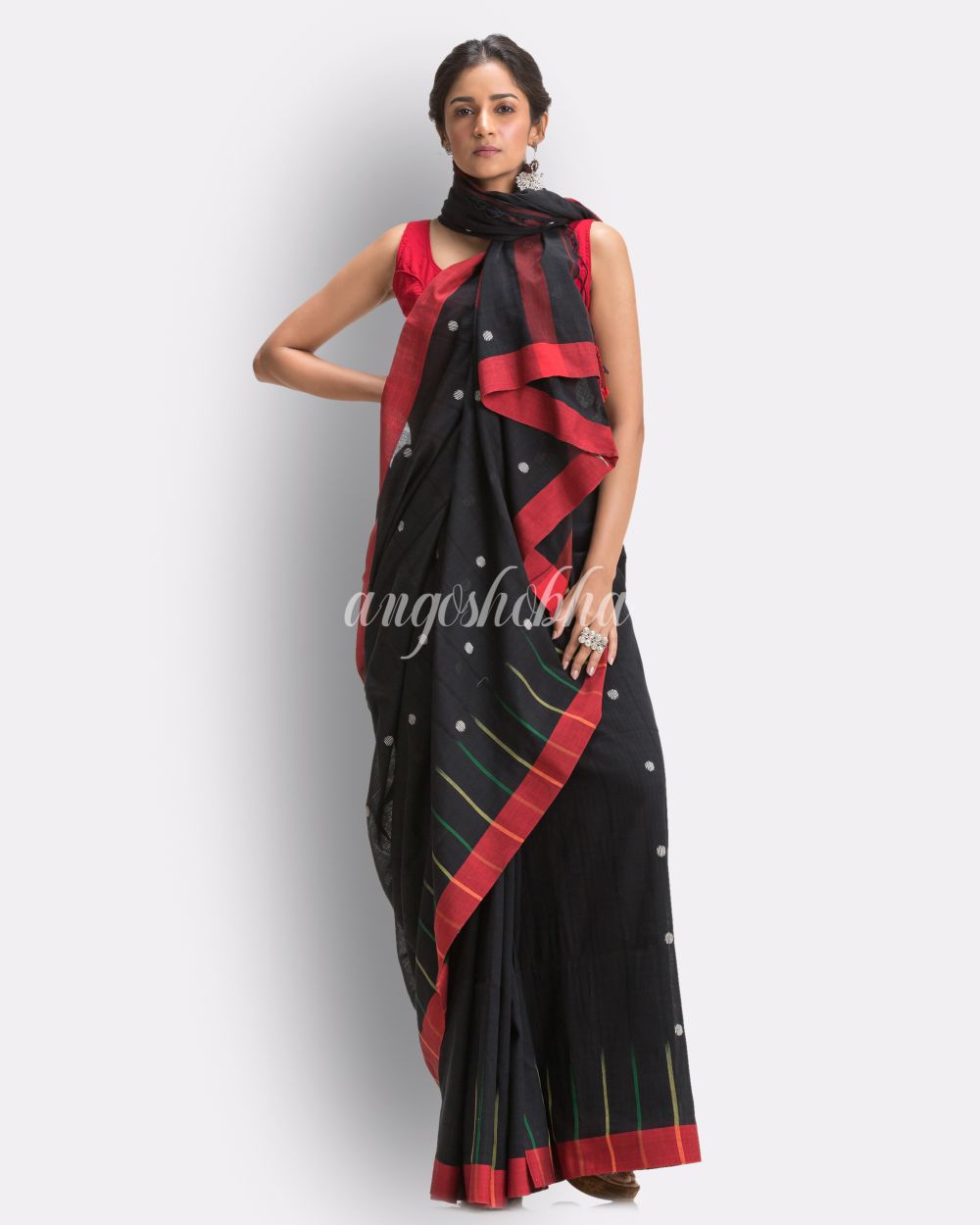 Black Handloom Cotton Jamdani Saree angoshobha