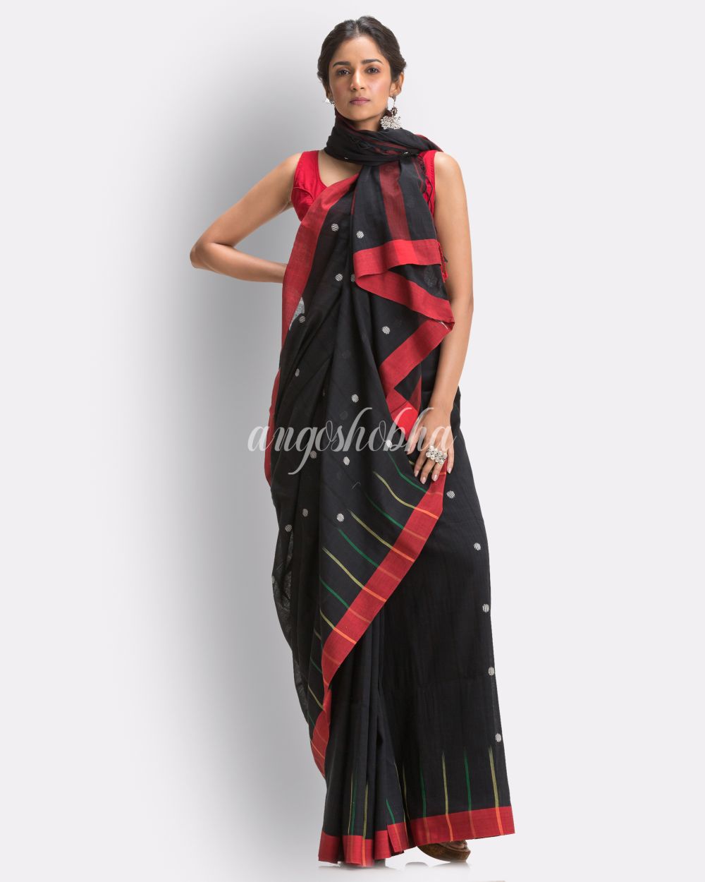 Black Handloom Cotton Jamdani Saree angoshobha