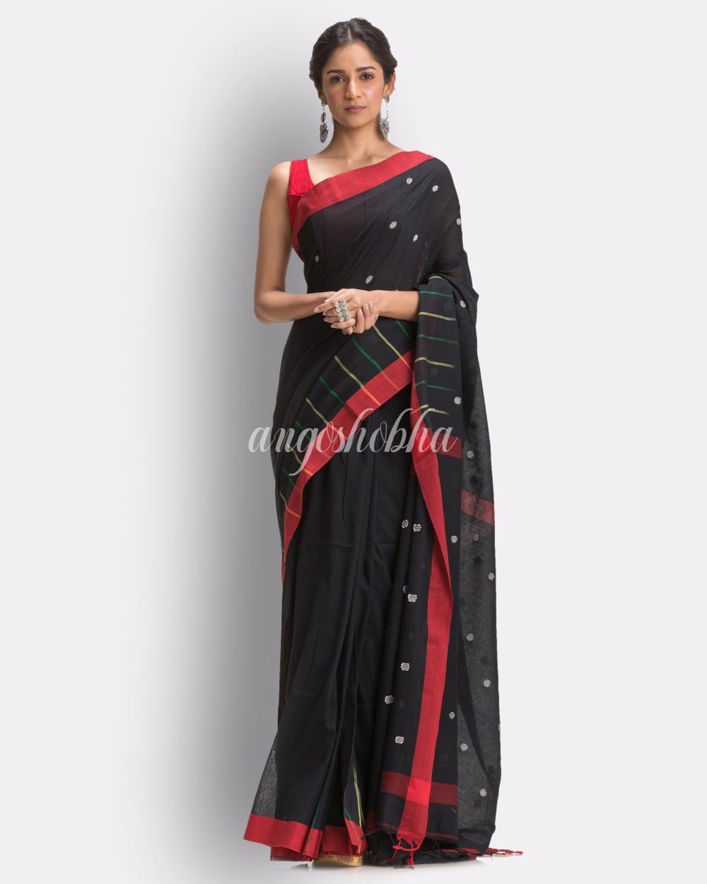 Black Handloom Cotton Jamdani Saree angoshobha