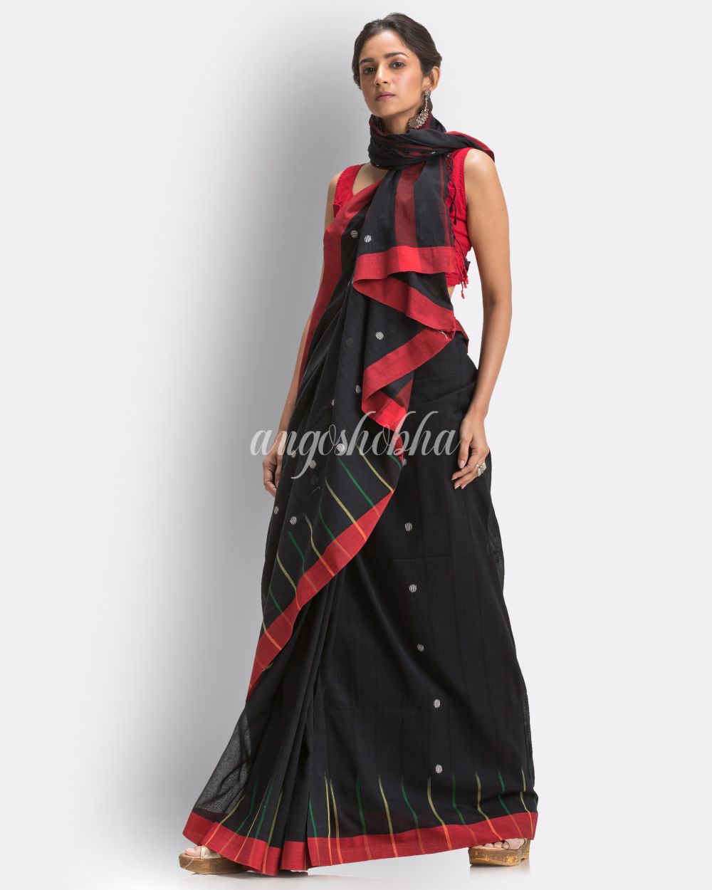 Black Handloom Cotton Jamdani Saree angoshobha