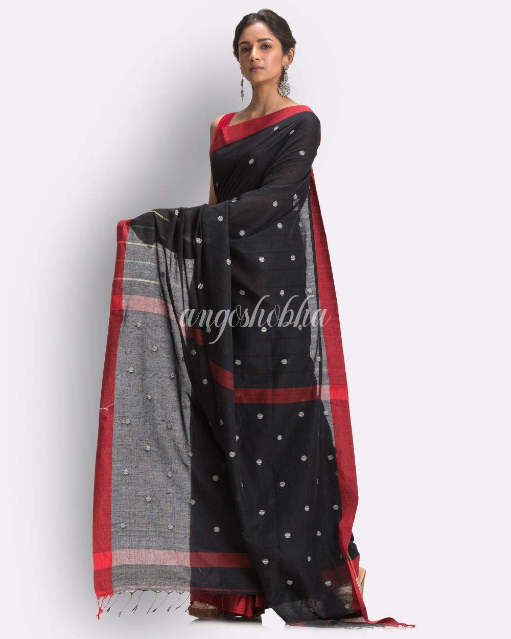 Black Handloom Cotton Jamdani Saree angoshobha