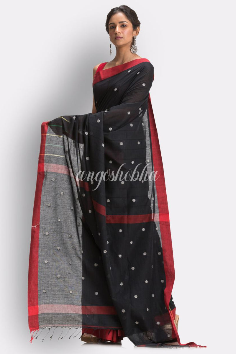 Black Handloom Cotton Jamdani Saree