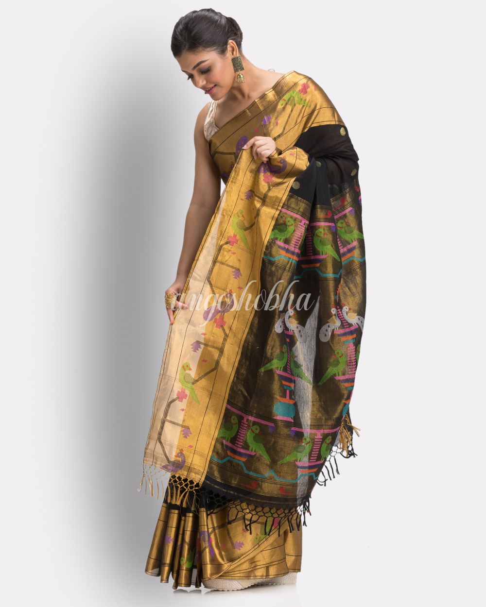 Black Handloom Cotton Jamdani saree angoshobha