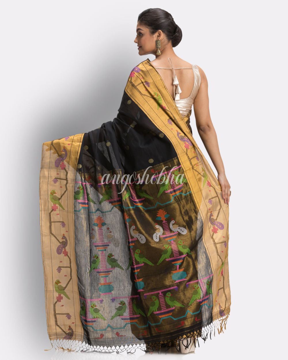 Black Handloom Cotton Jamdani saree angoshobha