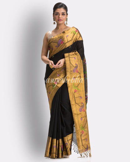 Black Handloom Cotton Jamdani saree angoshobha