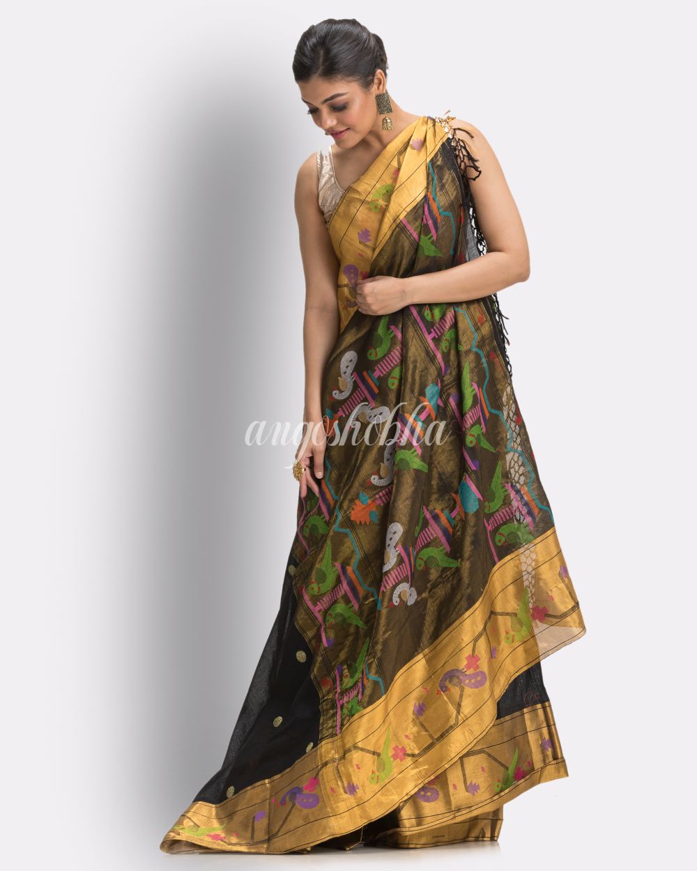 Black Handloom Cotton Jamdani saree angoshobha