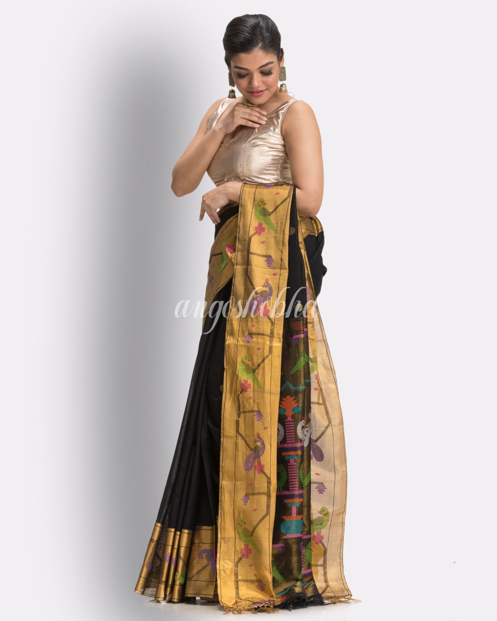 Black Handloom Cotton Jamdani saree angoshobha