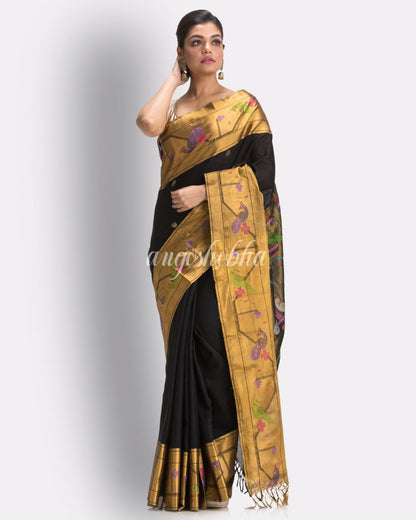 Black Handloom Cotton Jamdani saree angoshobha