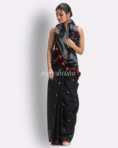 Black Handloom Cotton Molmol Jamdani saree angoshobha