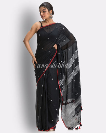 Black Handloom Cotton Molmol Jamdani saree angoshobha