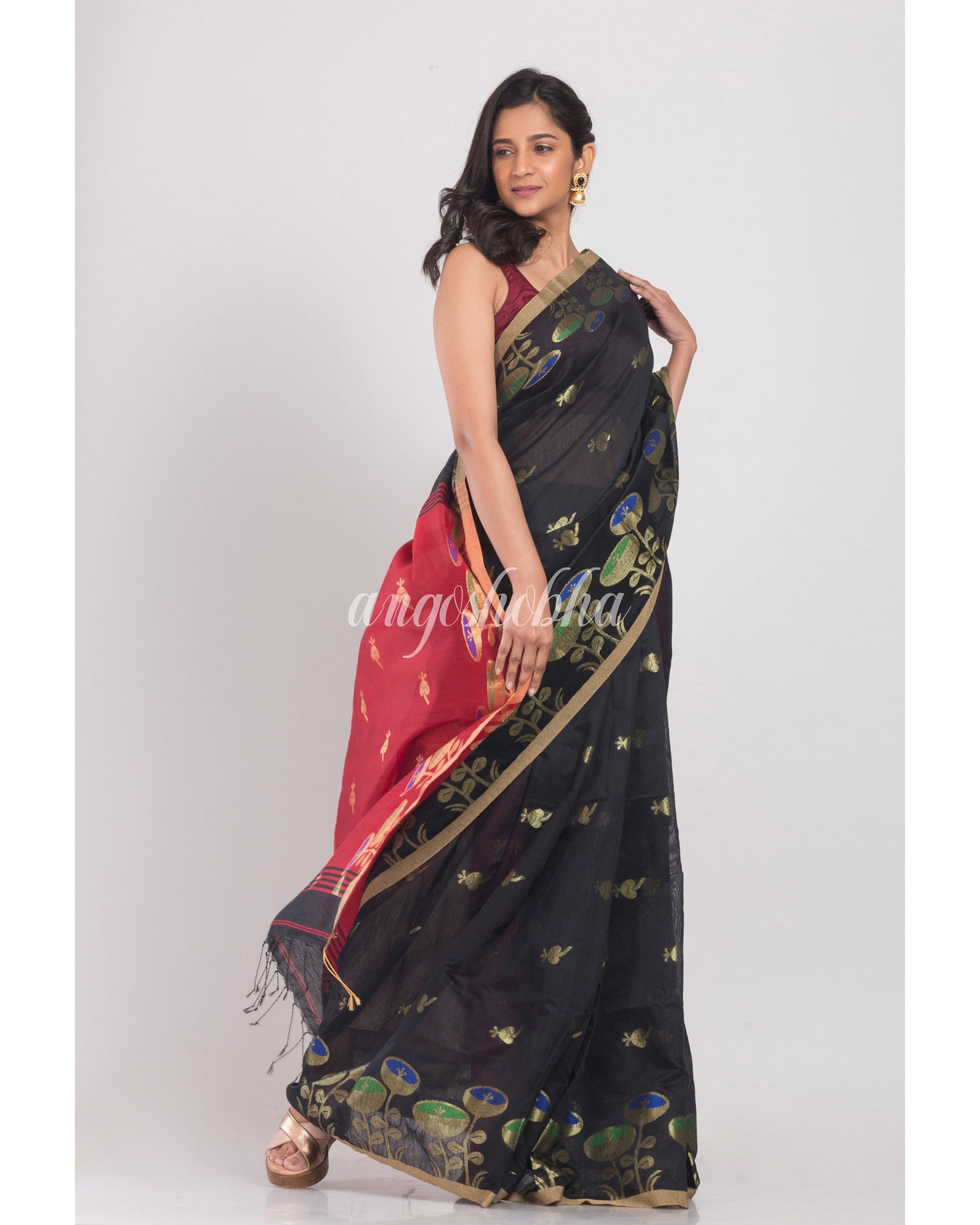 Black Handloom Cotton Silk Saree angoshobha