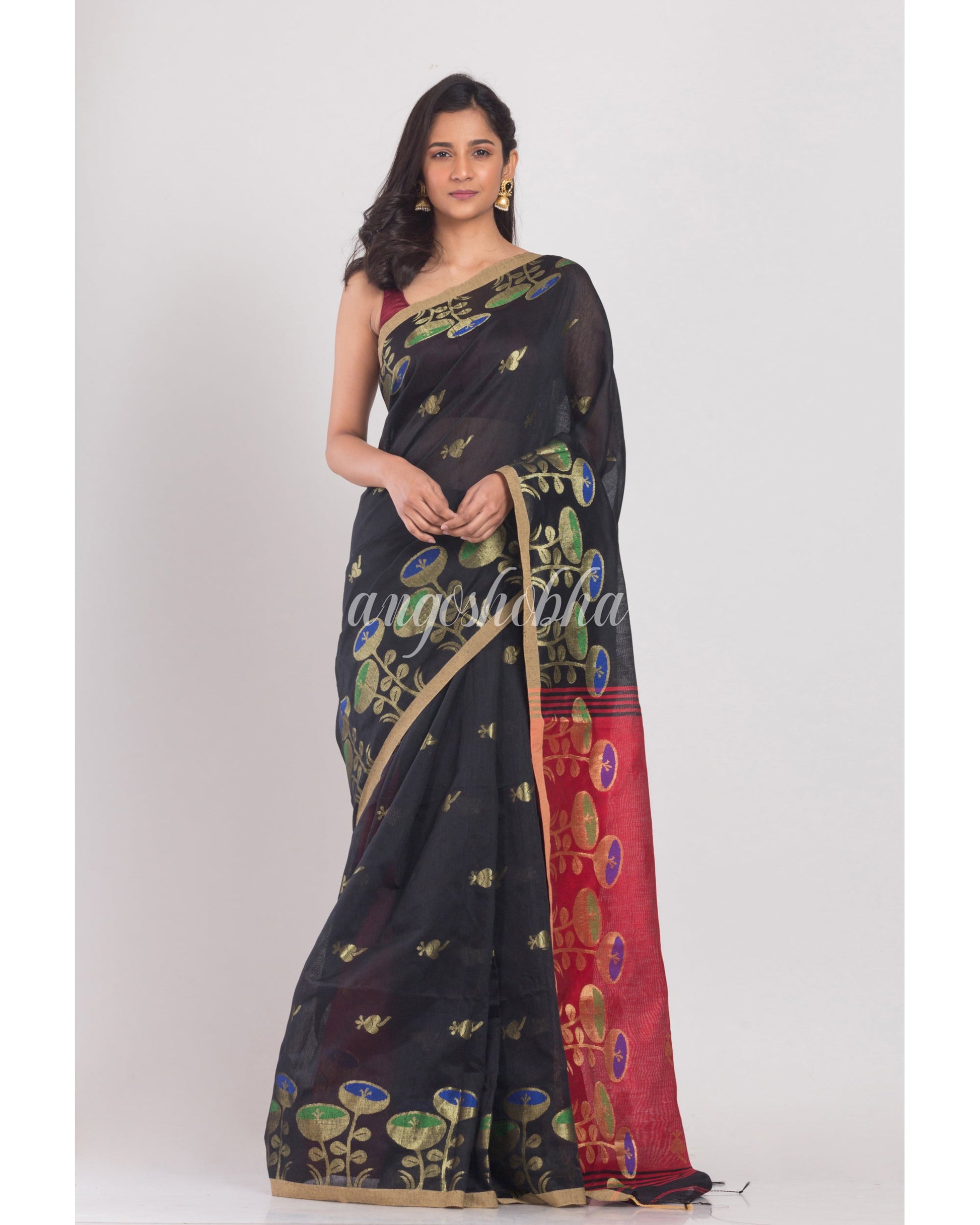 Black Handloom Cotton Silk Saree angoshobha