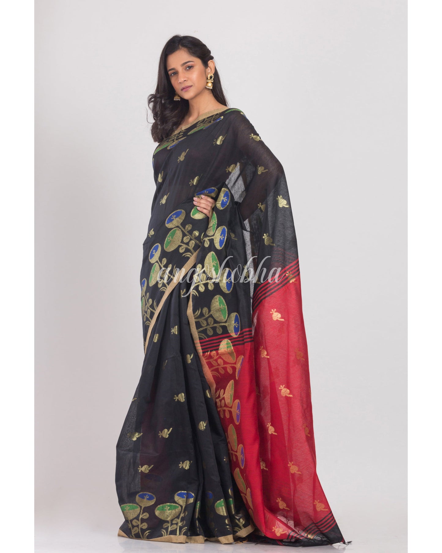 Black Handloom Cotton Silk Saree angoshobha