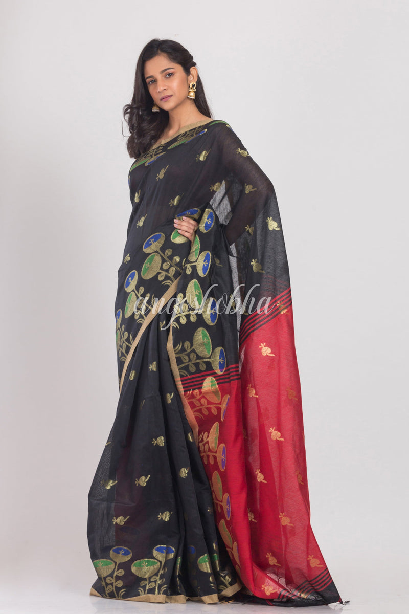 Black Handloom Cotton Silk Saree