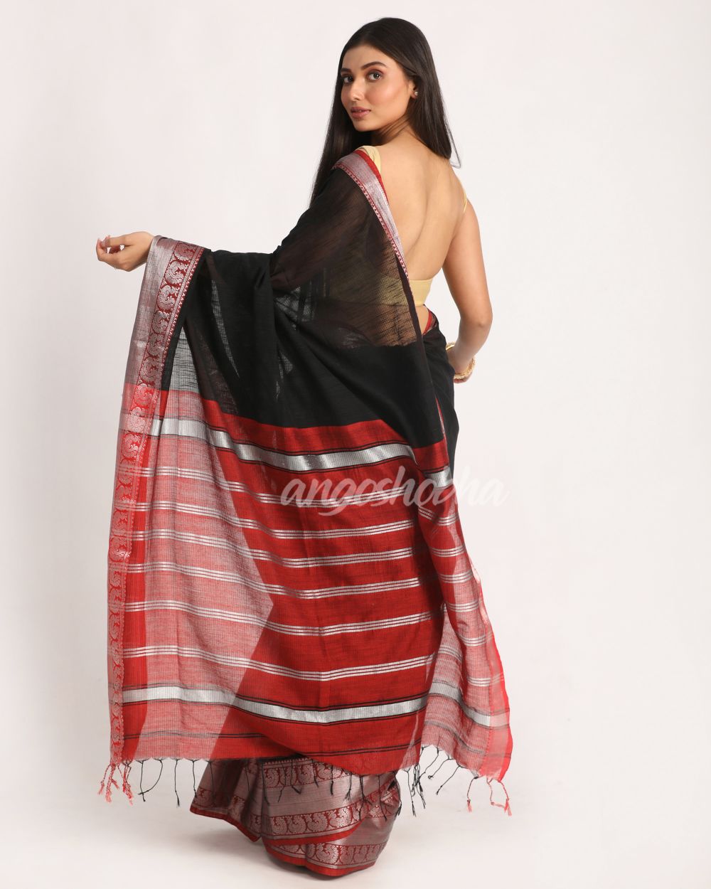 Black Handloom Cotton Tangail Saree angoshobha