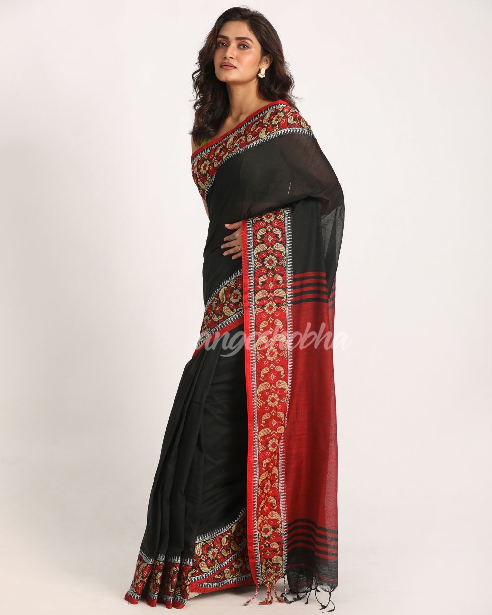 Black Handloom Cotton Tangail Saree angoshobha