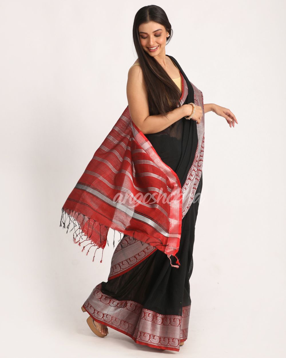 Black Handloom Cotton Tangail Saree angoshobha