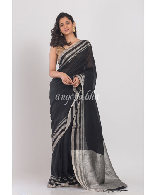 Black Handloom Linen Saree Silver Zari Border And Pallu angoshobha