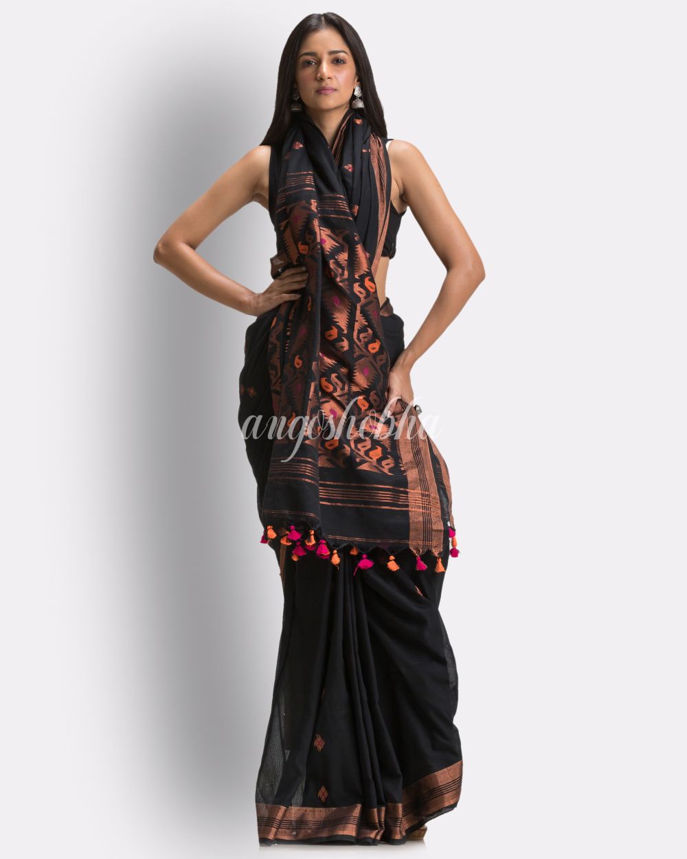 Black Handloom Traditional Cotton Tangail Saree angoshobha