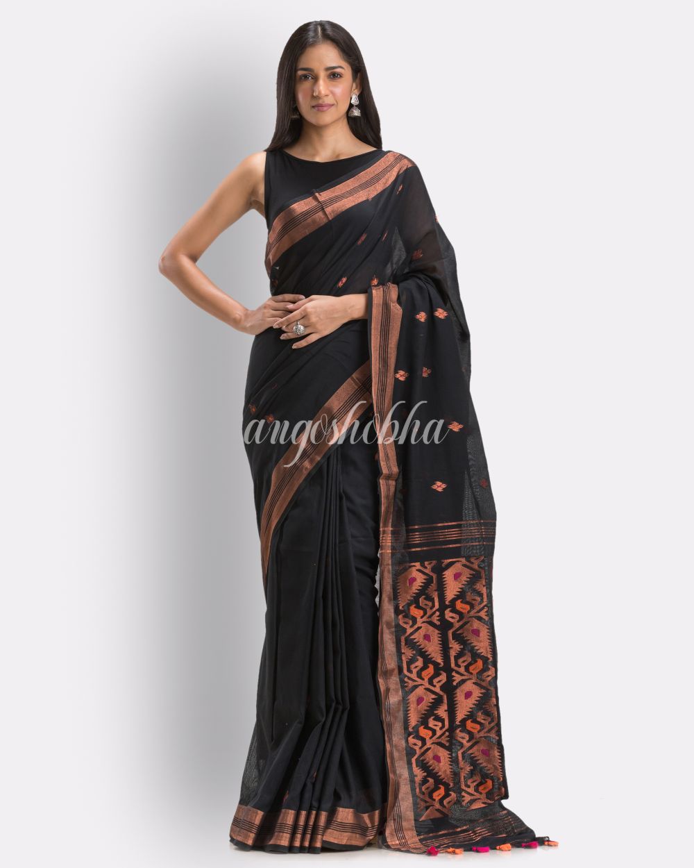 Black Handloom Traditional Cotton Tangail Saree angoshobha