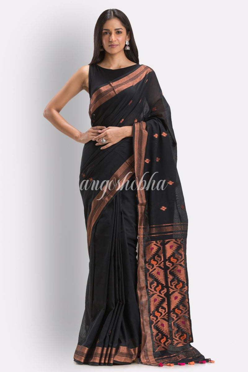Black Handloom Traditional Cotton Tangail Saree