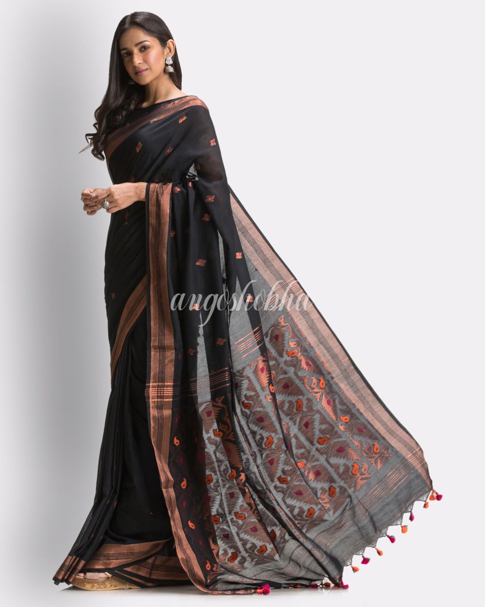 Black Handloom Traditional Cotton Tangail Saree angoshobha
