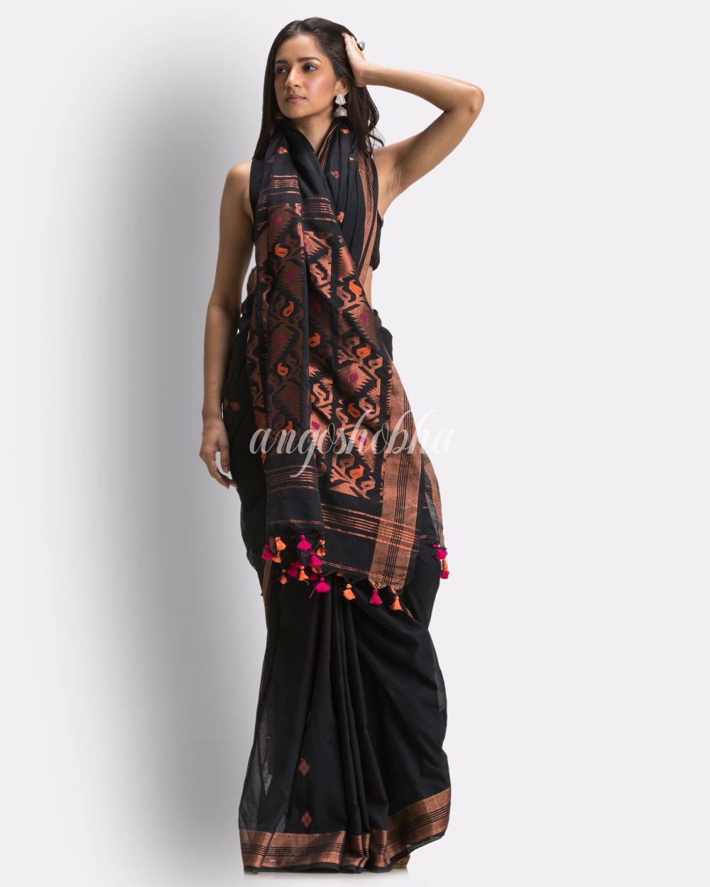 Black Handloom Traditional Cotton Tangail Saree angoshobha