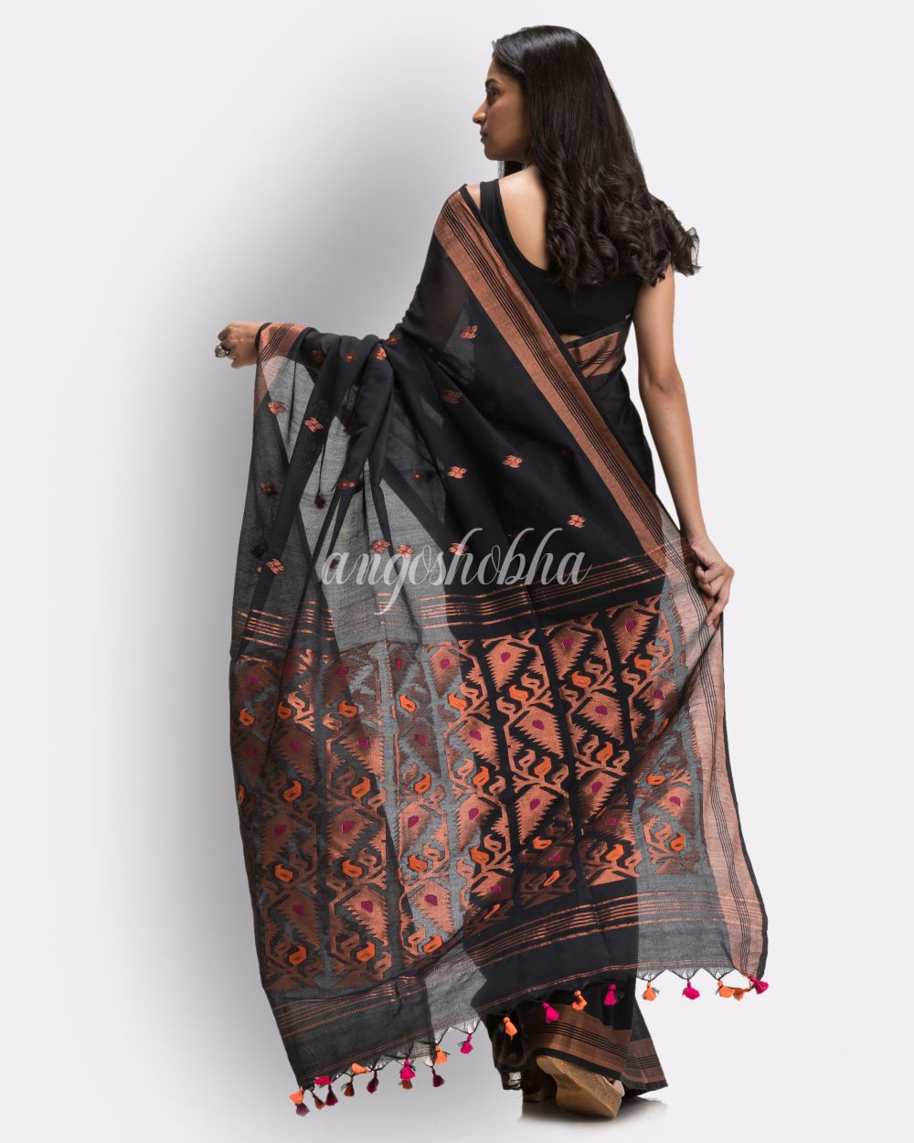 Black Handloom Traditional Cotton Tangail Saree angoshobha