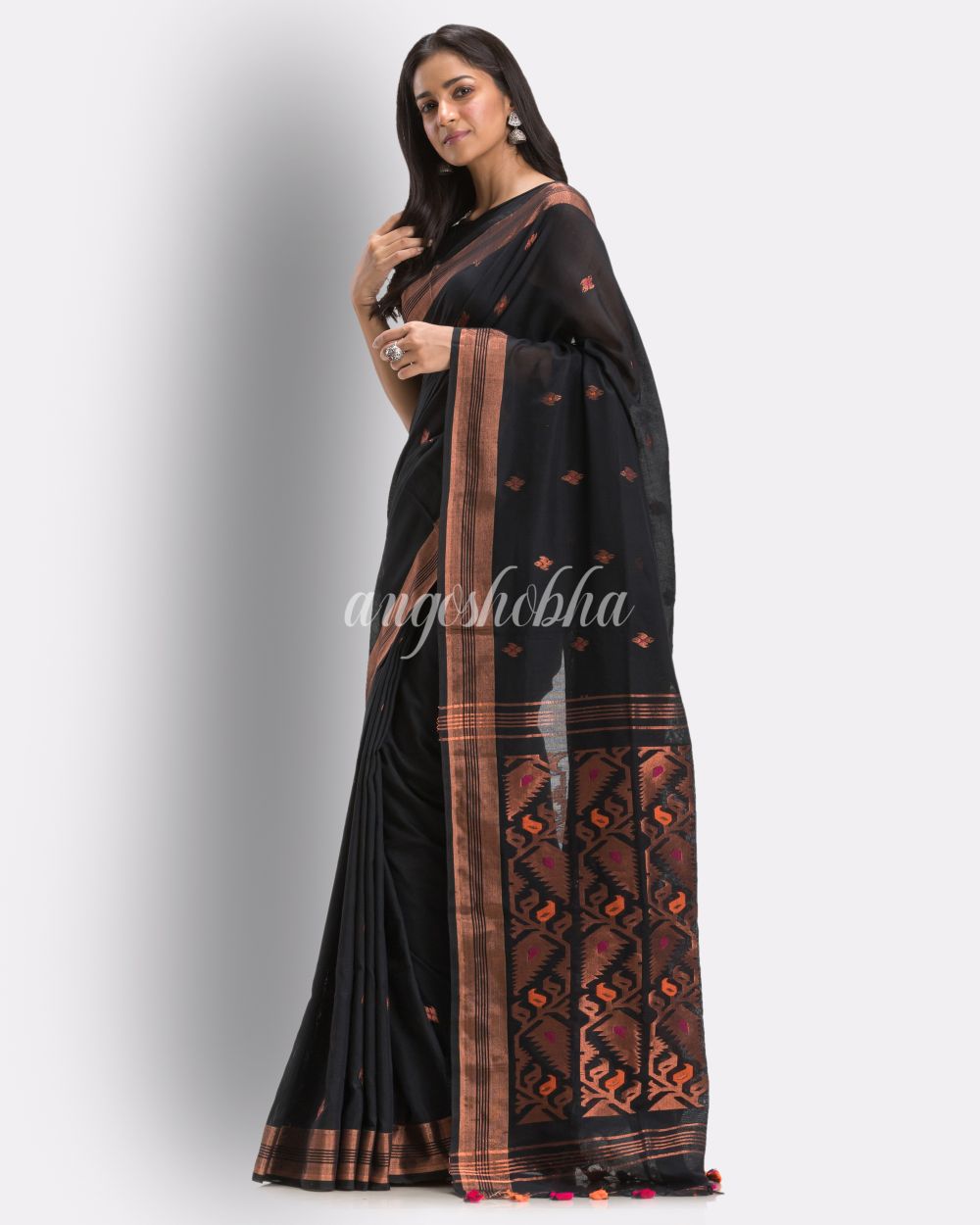 Black Handloom Traditional Cotton Tangail Saree angoshobha