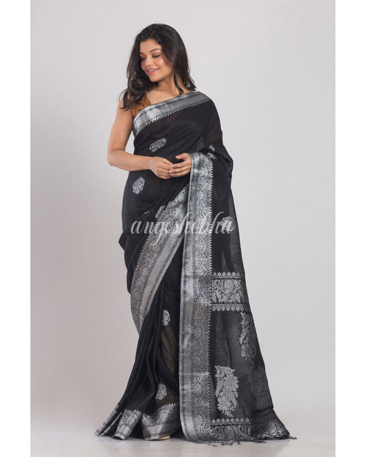 Black Handwoven Linen Saree angoshobha