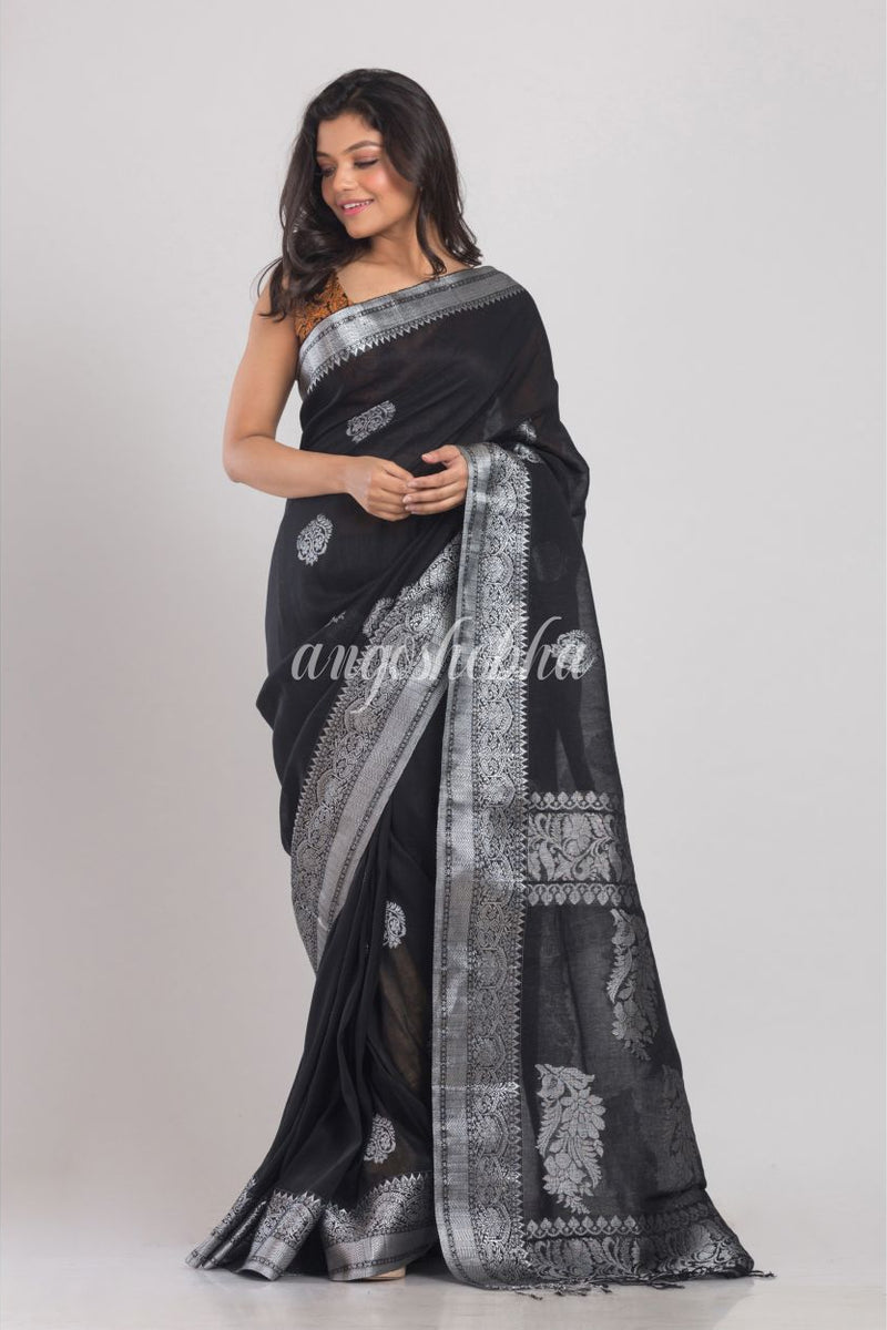 Black Handwoven Linen Saree