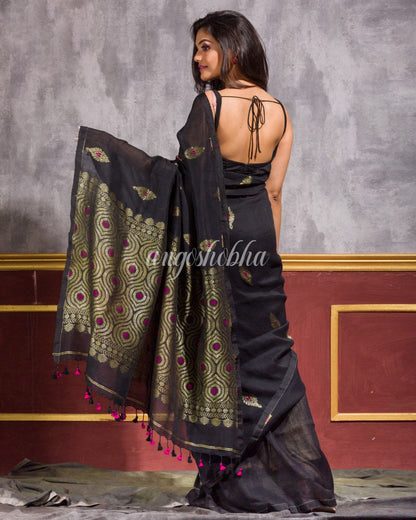 Black Handwoven Linen Saree angoshobha