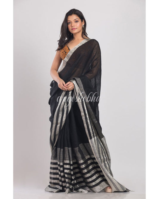 Black Handwoven Linen Saree angoshobha