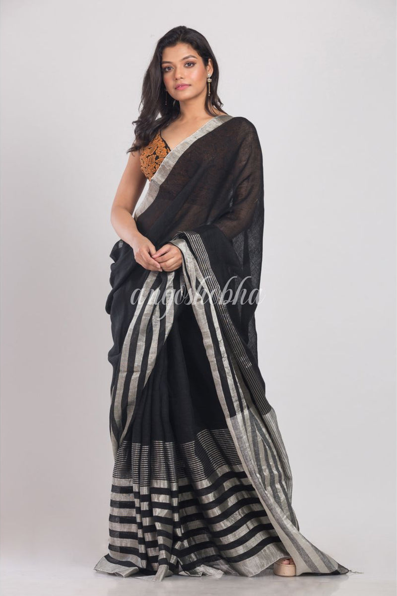 Black Handwoven Linen Saree