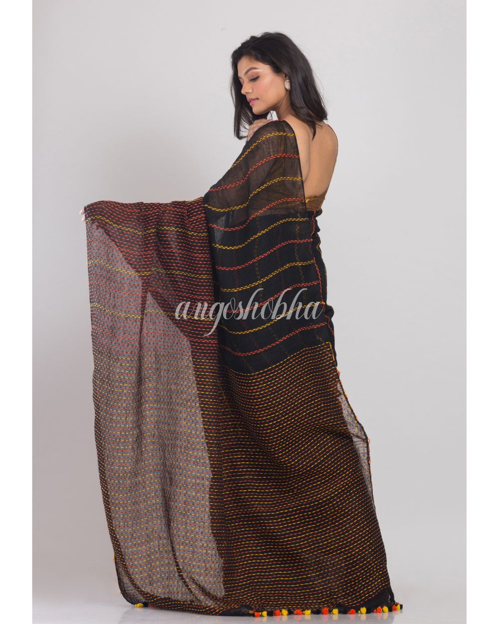 Black Handwoven Linen Saree angoshobha