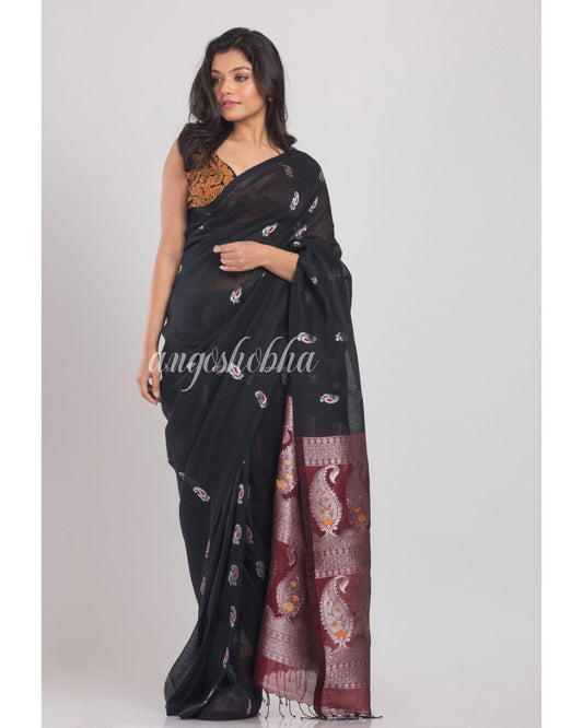 Black Handwoven Linen Saree angoshobha