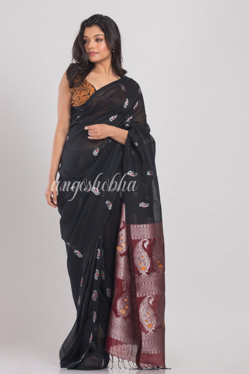 Black Handwoven Linen Saree