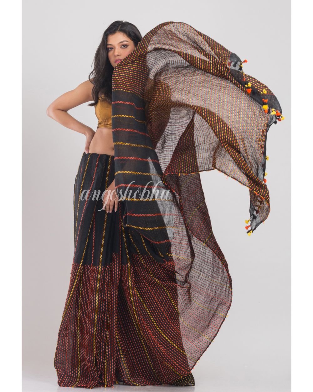 Black Handwoven Linen Saree angoshobha