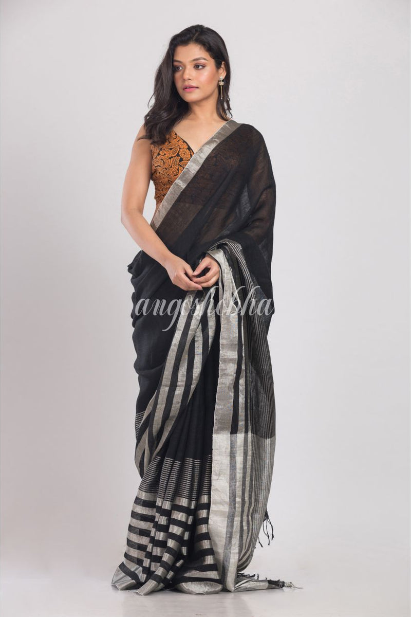 Black Handwoven Linen Saree