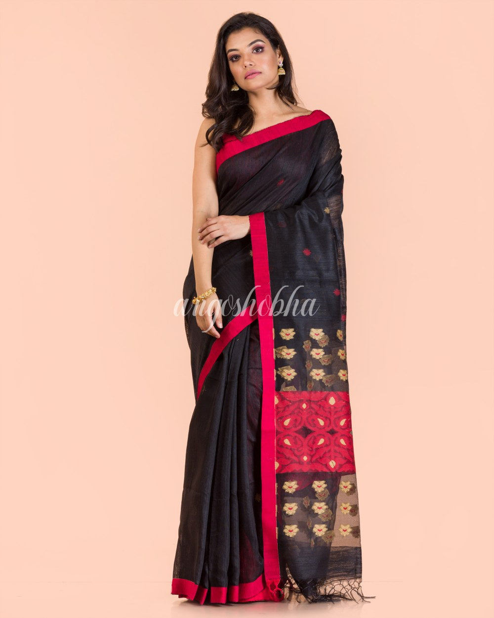 Black Handwoven Matka Silk Saree angoshobha