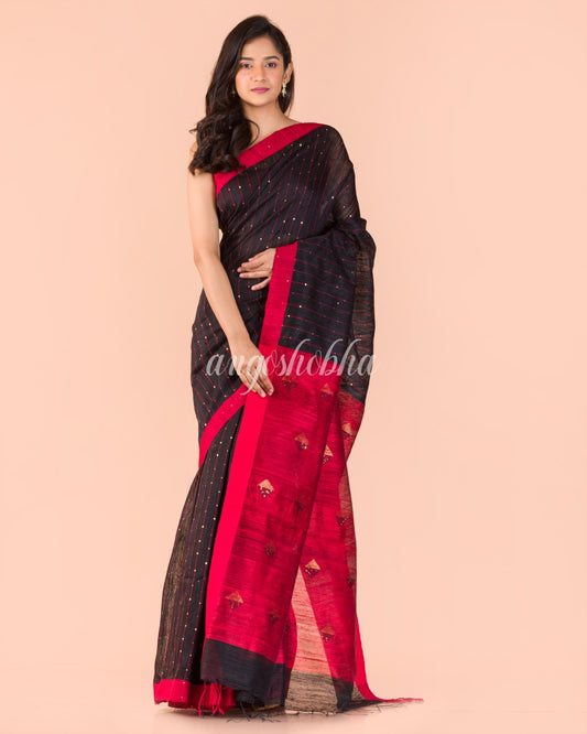 Black Handwoven Matka Silk Saree angoshobha