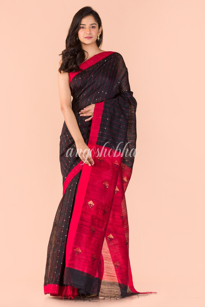 Black Handwoven Matka Silk Saree