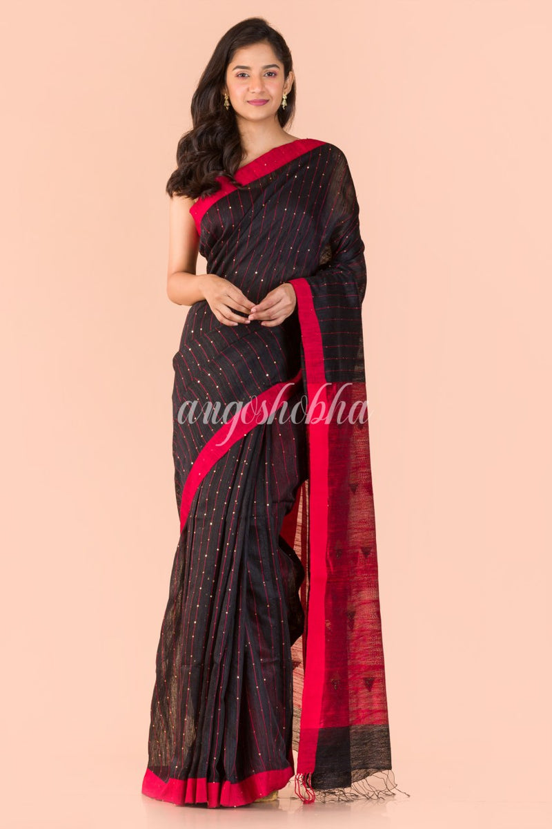 Black Handwoven Matka Silk Saree