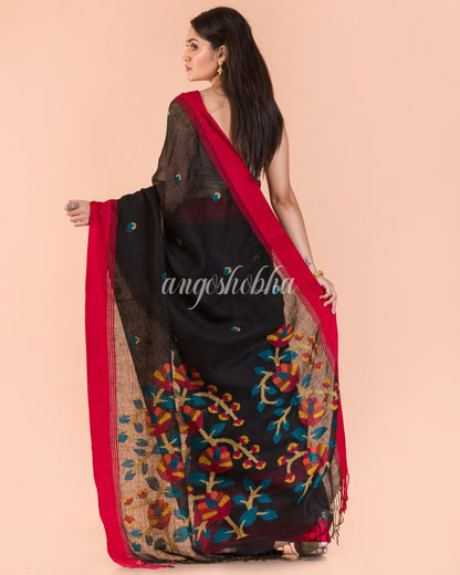 Black Linen Jamdani Saree angoshobha