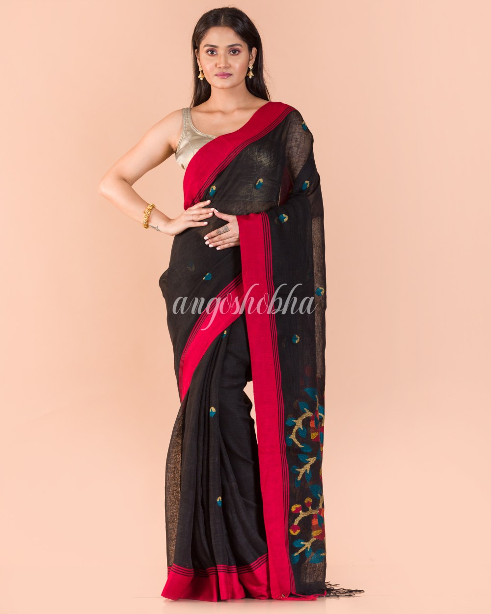 Black Linen Jamdani Saree angoshobha