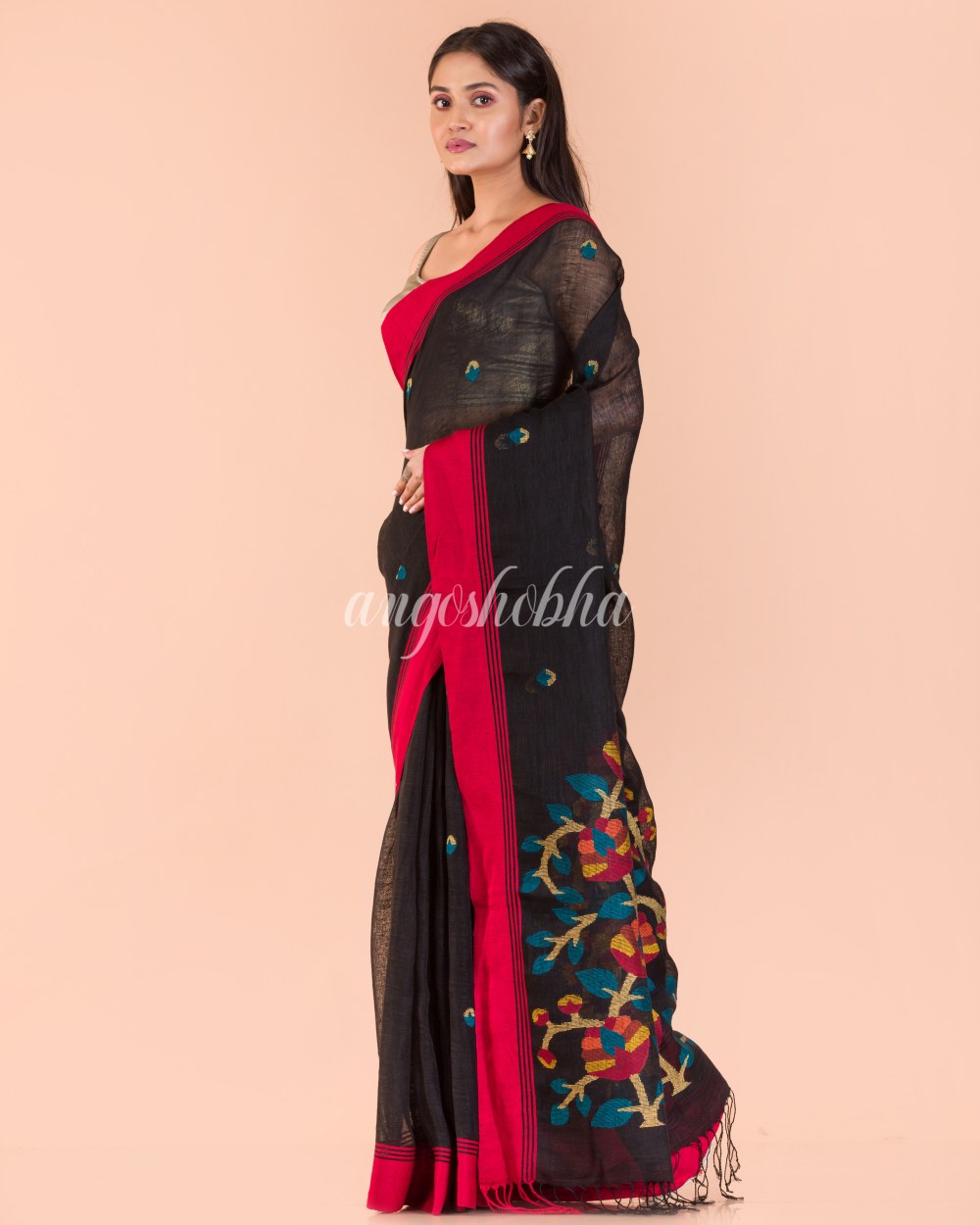 Black Linen Jamdani Saree angoshobha