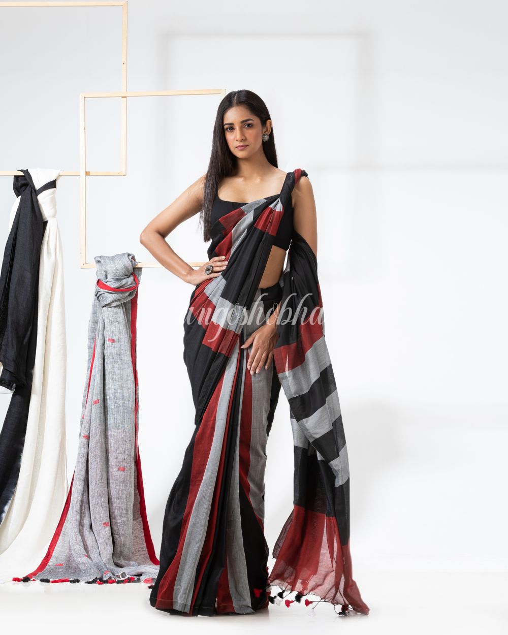 Black Maroon Silver handloom bengal cotton saree angoshobha